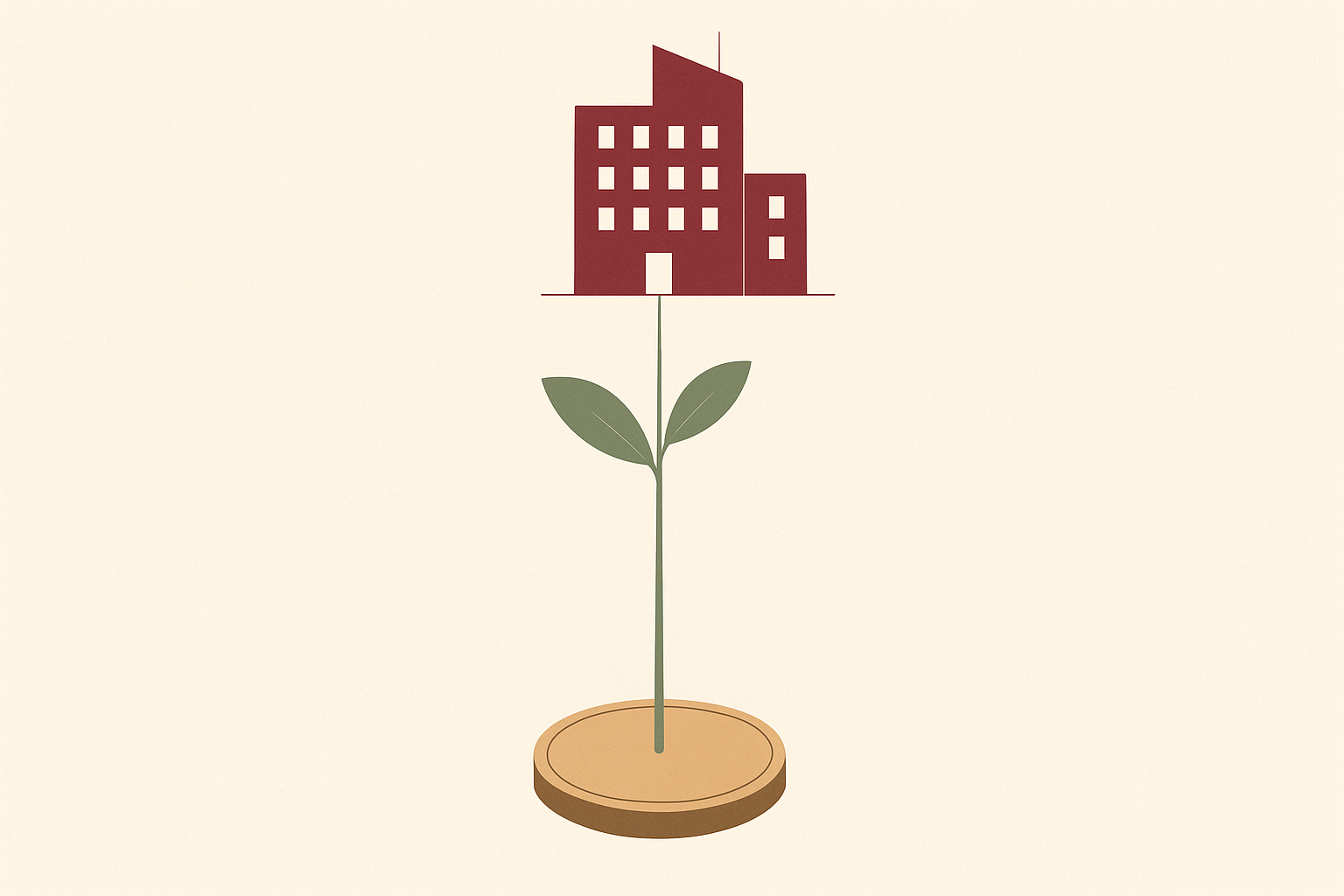 Ilustración editorial de una moneda de la que crece un brote hasta convertirse en un edificio de empresa, sobre la Ley Crea y Crece