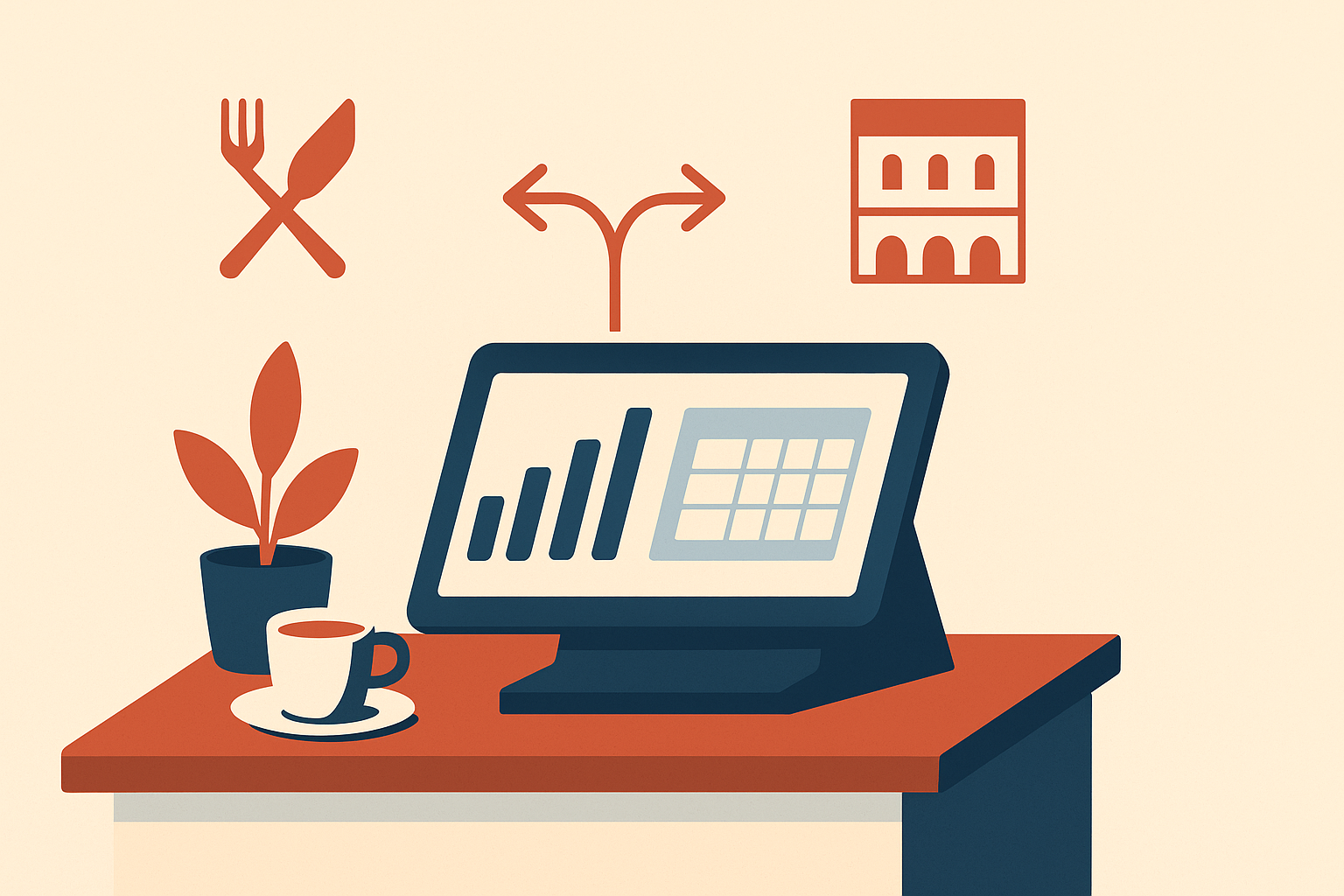 Ilustración editorial: decidir entre comprar un software de hostelería o construir uno a medida para un restaurante