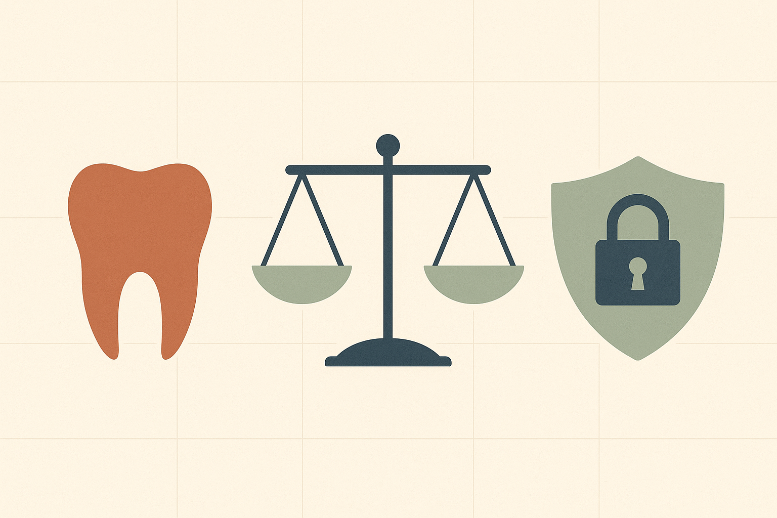 Ilustración editorial: decidir entre comprar un software dental o construir uno a medida, con la protección de los datos del paciente en el centro