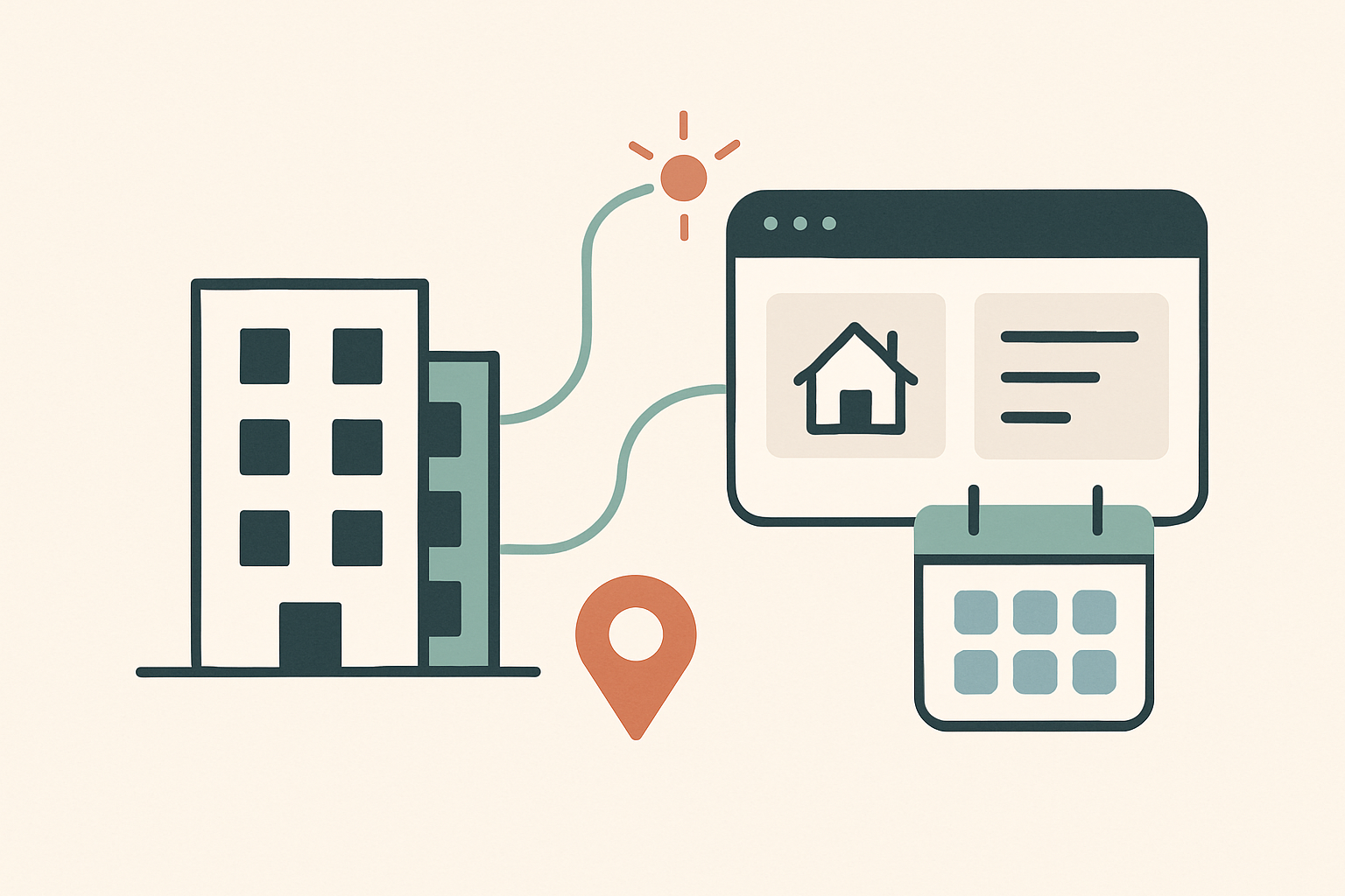Ilustración editorial: un edificio de viviendas y un mapa se conectan con una app que muestra una ficha de inmueble y una agenda, con un motivo de IA