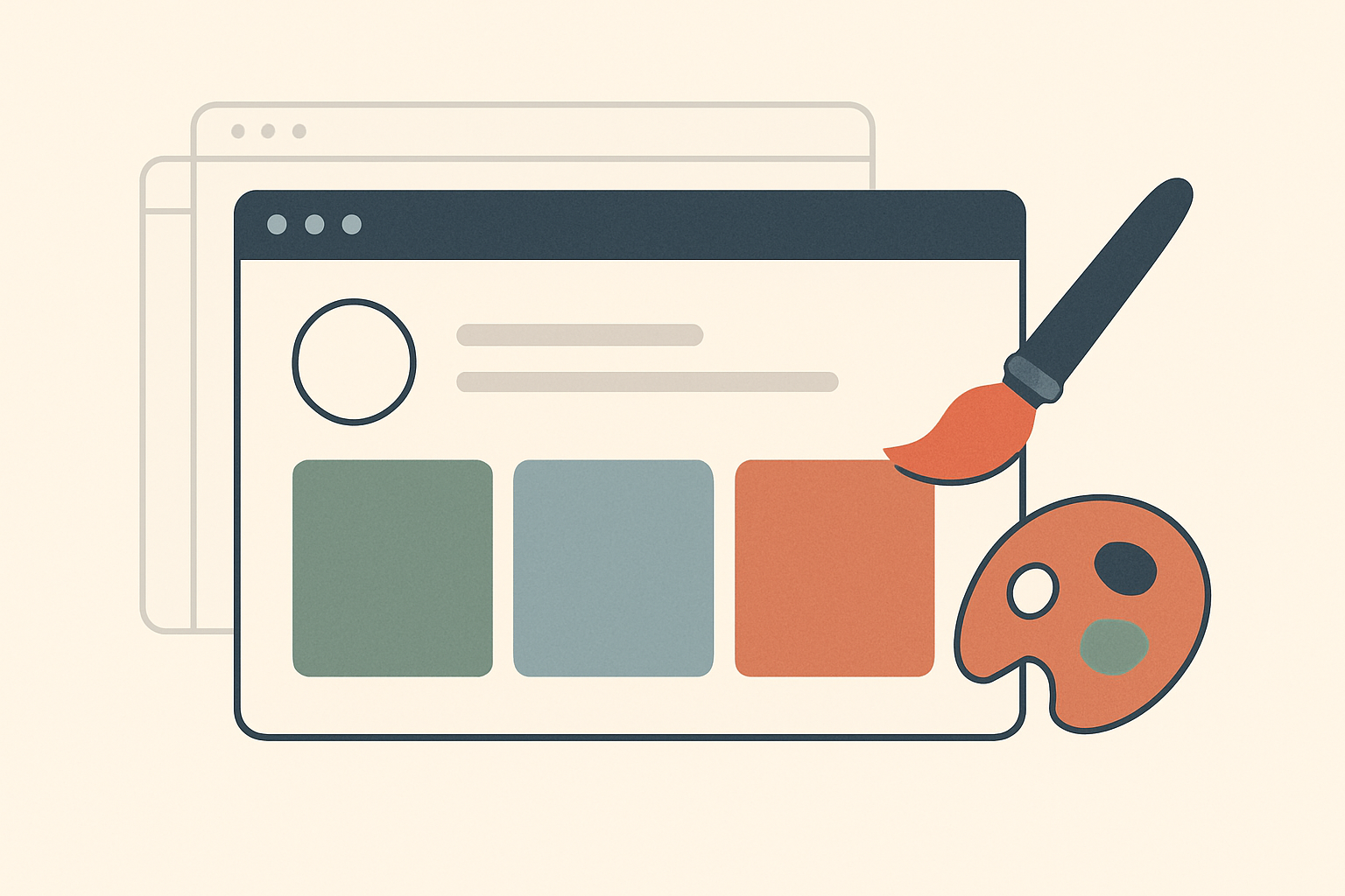 Ilustración editorial: la interfaz de un constructor de apps con un hueco de logo en blanco, planes de precios y un pincel aplicando un color de marca nuevo