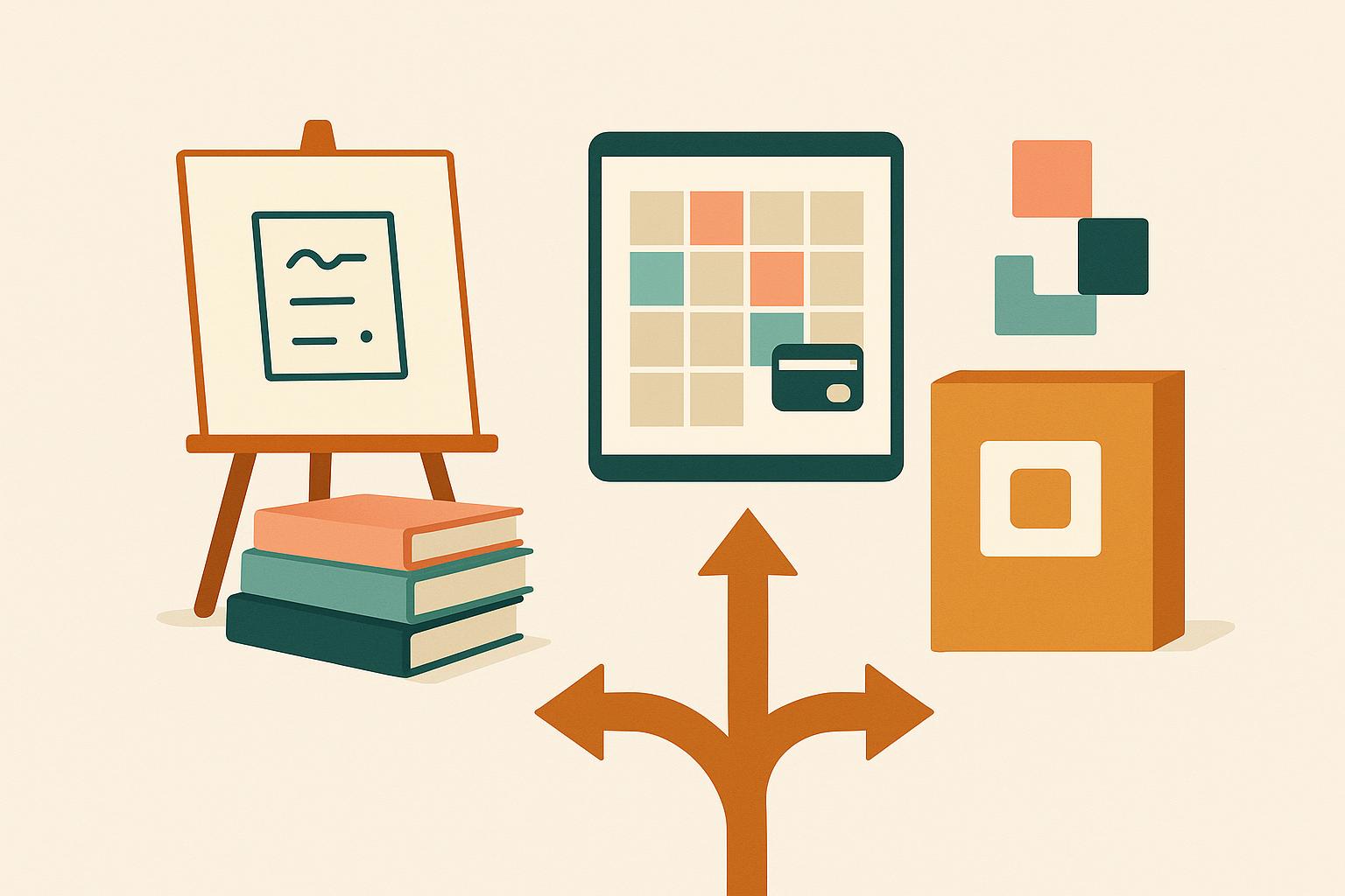 Ilustración editorial minimalista: un caballete con apuntes, libros apilados, una tableta con un calendario de clases y una tarjeta de pago, y una flecha que se bifurca hacia una caja de software y bloques modulares, sobre fondo crema.