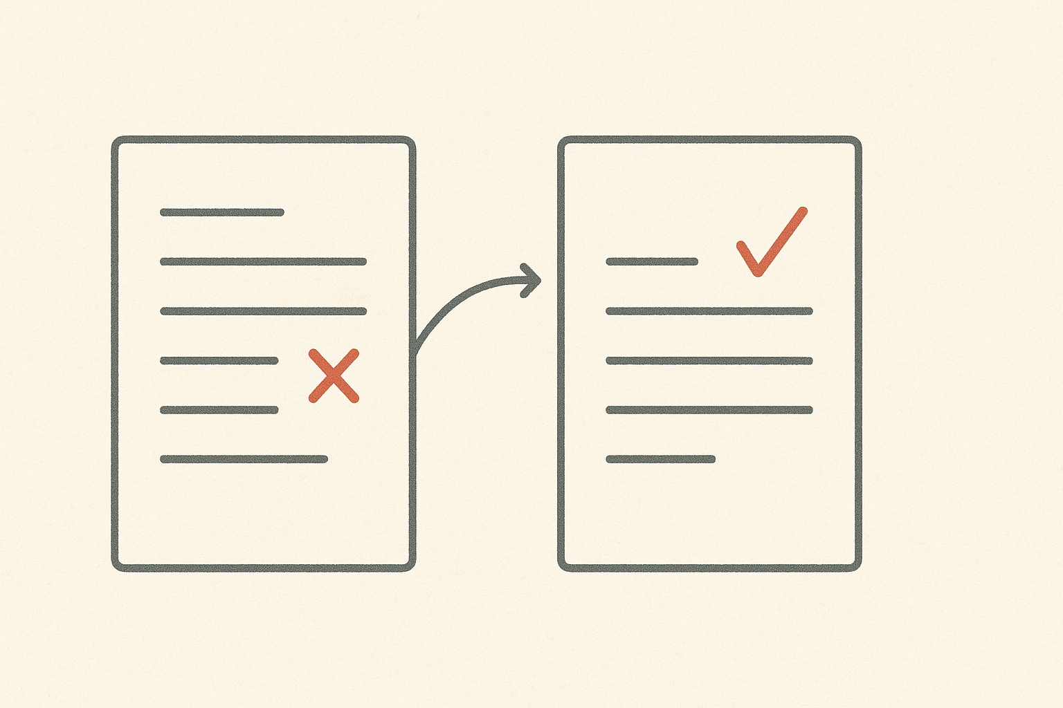 Ilustración editorial minimalista: dos facturas en papel, una con una marca de corrección y una flecha hacia la versión corregida con un tic de validación