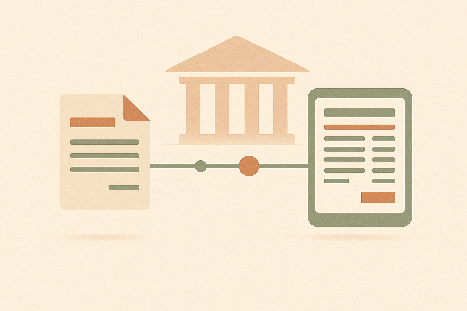 Ilustración editorial minimalista: una factura en papel se transforma en una factura digital estructurada conectada por una línea de tiempo con dos hitos, con un edificio institucional de columnas al fondo, sobre fondo crema.