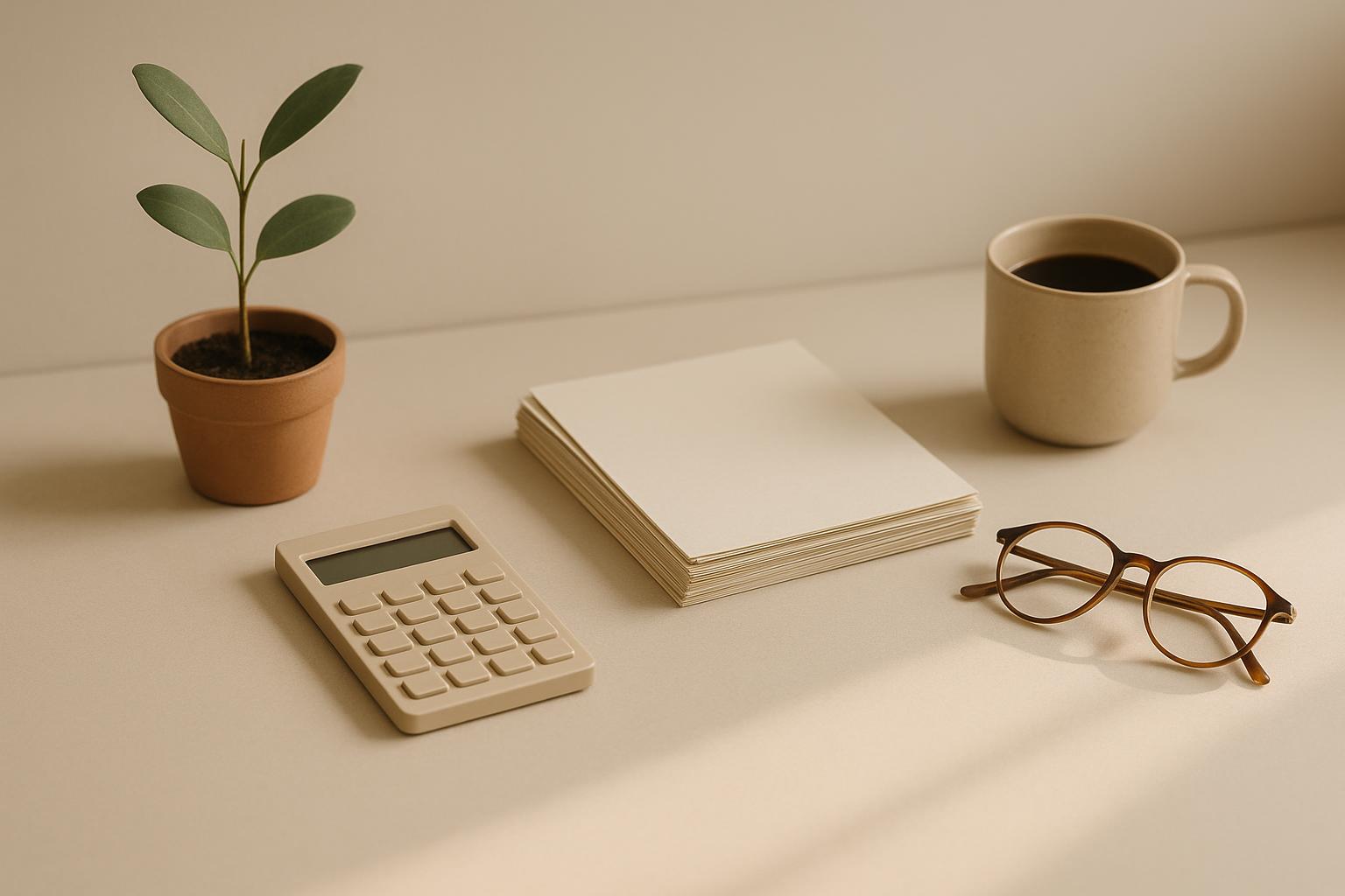 Escritorio minimalista de un autónomo con calculadora, documentos en blanco, gafas y una taza de café en tonos cálidos