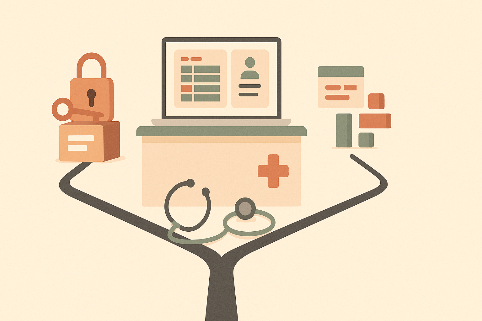 Ilustración minimalista de un mostrador de clínica con un portátil que muestra una agenda y una ficha de paciente, una cruz médica y un fonendoscopio, y un camino que se bifurca entre un candado sobre una caja de licencia y bloques modulares que forman una app.