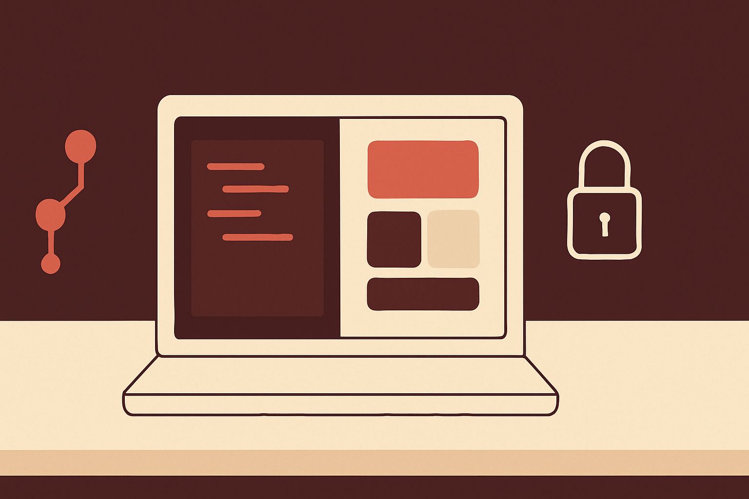 Ilustración minimalista de un portátil con una terminal y una app construida por bloques, montando un constructor de apps con IA open source