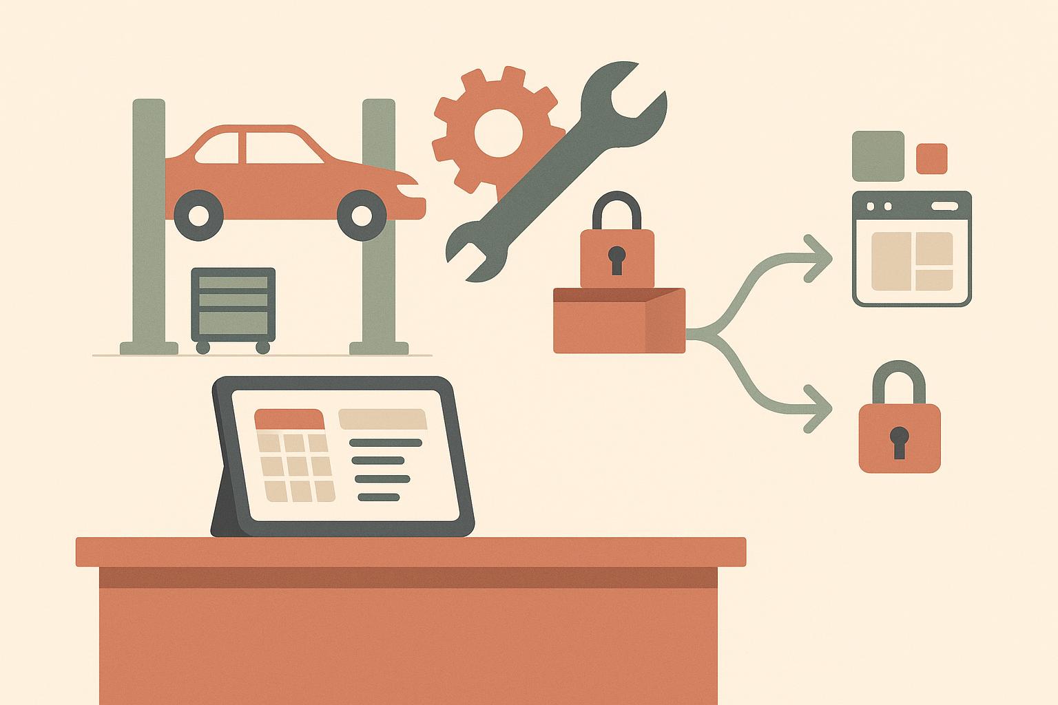 Ilustración minimalista de la recepción de un taller mecánico con un coche sobre un elevador, un carro de herramientas, una llave y un engranaje, una tablet con una agenda, y un camino que se bifurca entre un candado sobre una caja de licencia y bloques que forman una app.
