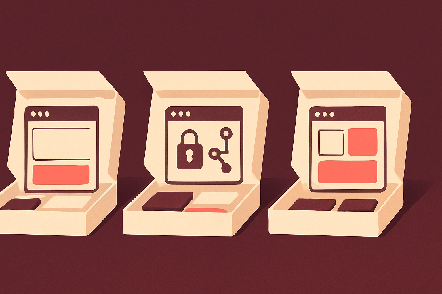 Tres kits ilustrados de constructores de apps open source alineados, uno con un candado y una rama de git