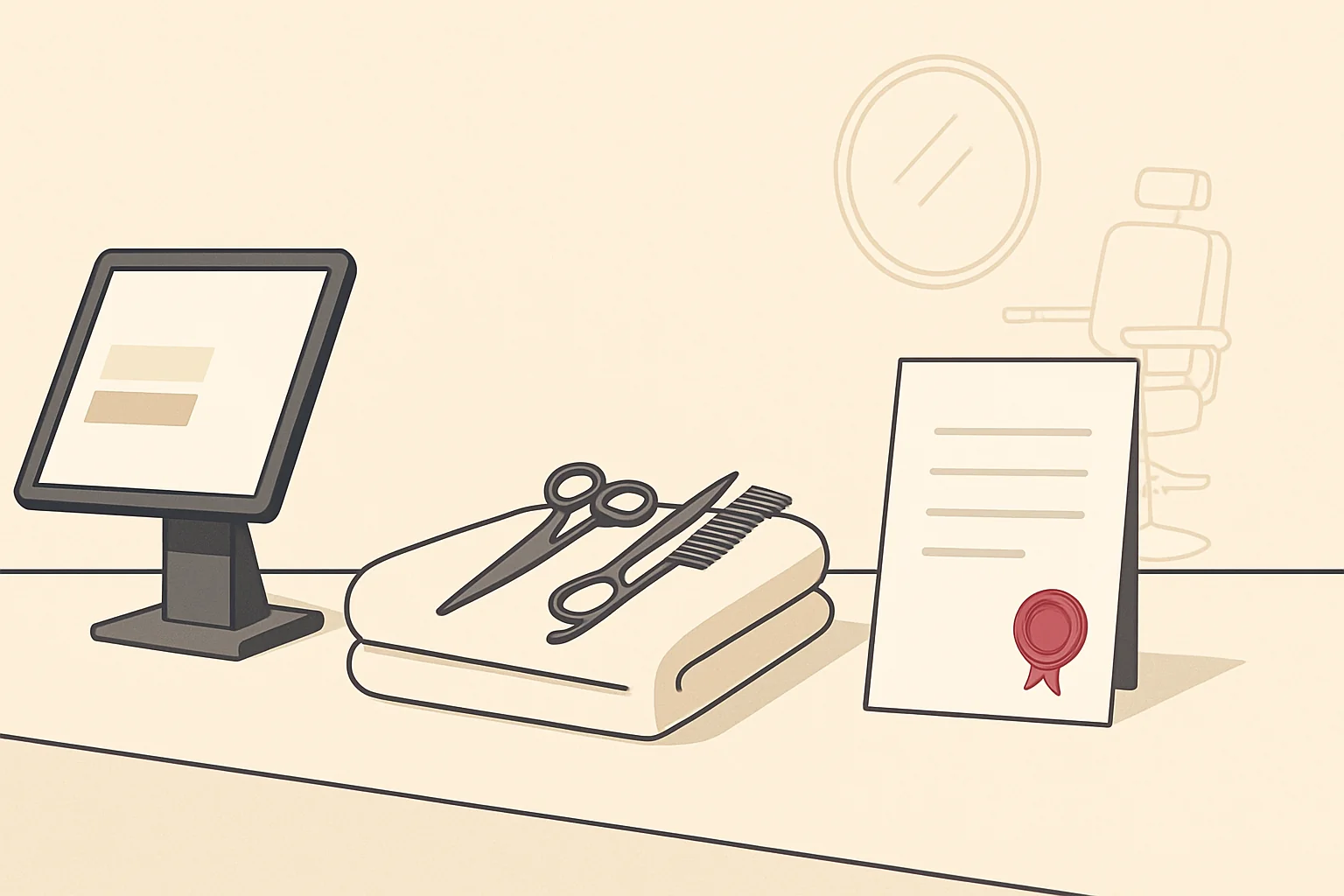 Ilustracion editorial minimalista: mostrador de peluqueria con un terminal TPV de pantalla vacia, tijeras y peine sobre una toalla doblada, y un documento oficial con sello rojo que representa el cumplimiento de Verifactu